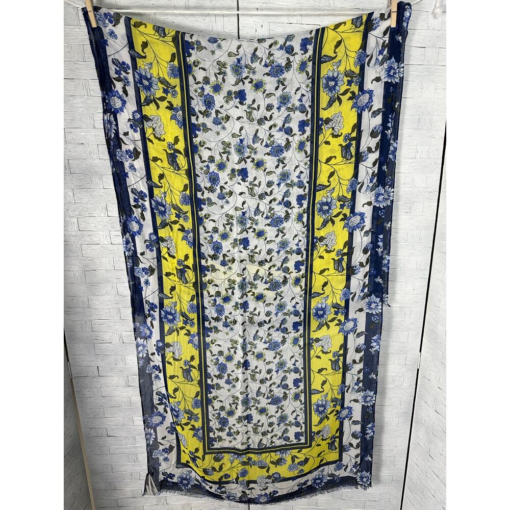 Talbots women floral scarf rectangular blue yellow white print electric grandma